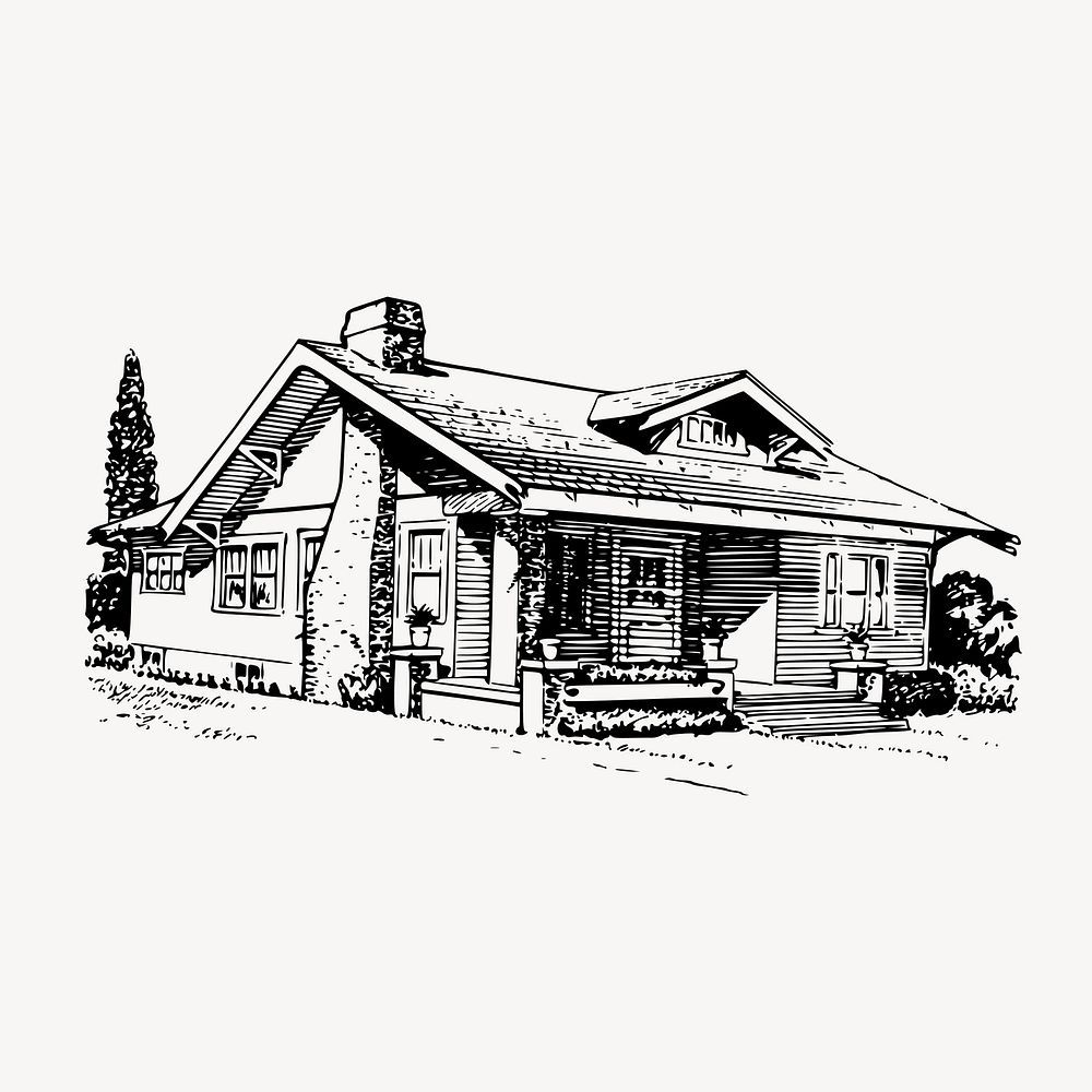 Bungalow house clipart, vintage architecture illustration vector. Free public domain CC0 image.