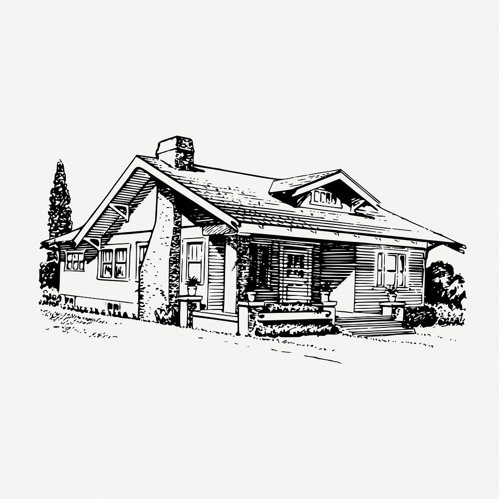 Bungalow house drawing, architecture vintage illustration psd. Free public domain CC0 image.