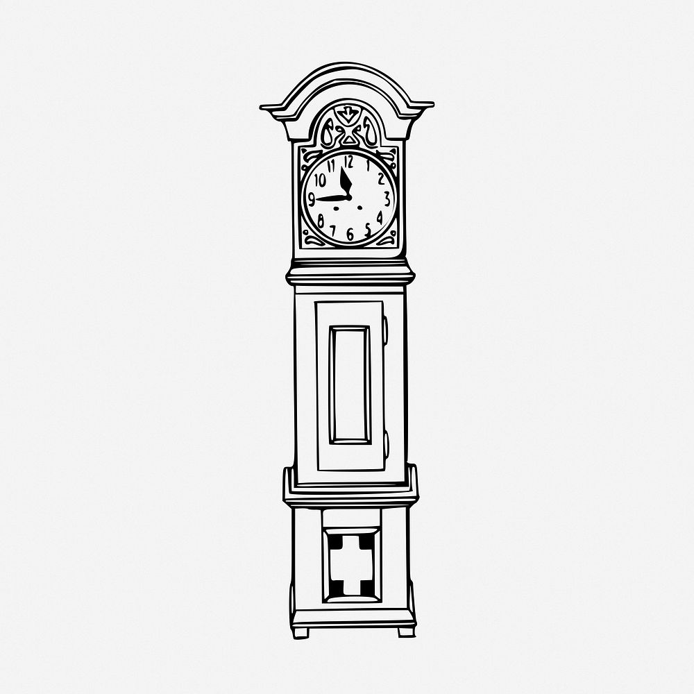 Grandfather clock drawing, vintage object illustration. Free public domain CC0 image.