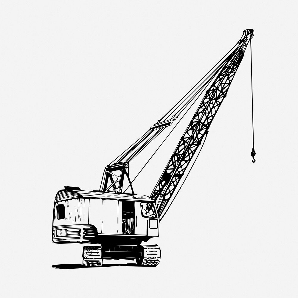 Construction crane drawing, vintage machine illustration. Free public domain CC0 image.