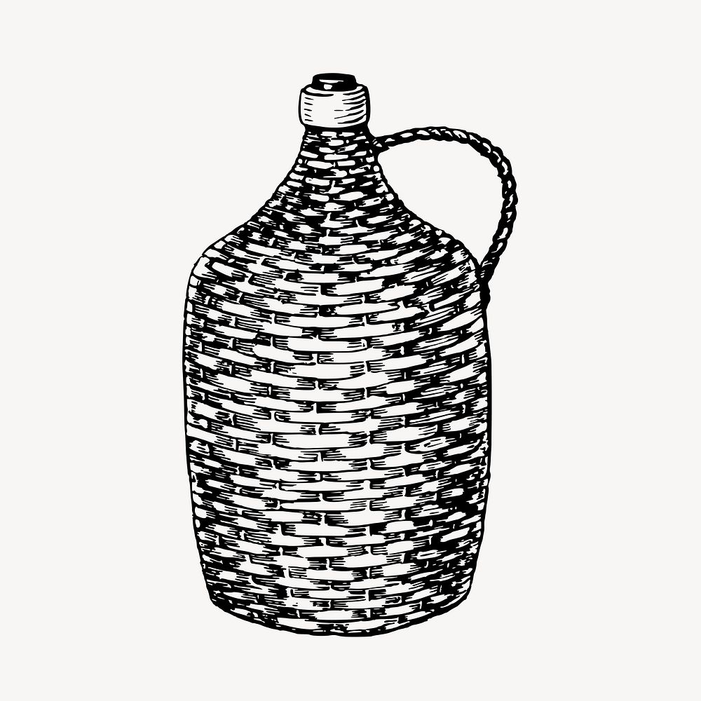 Wicker bottle clipart, vintage glassware illustration vector. Free public domain CC0 image.