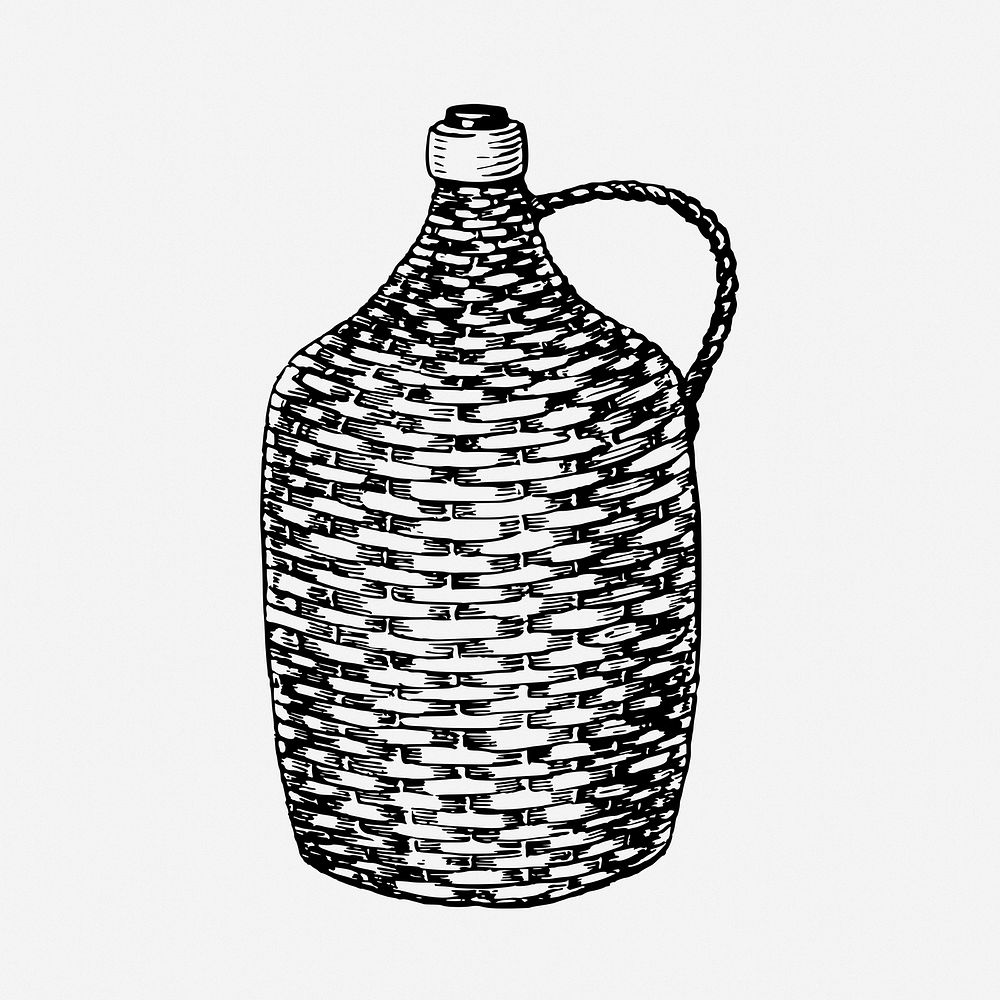 Wicker bottle drawing, vintage glassware illustration. Free public domain CC0 image.