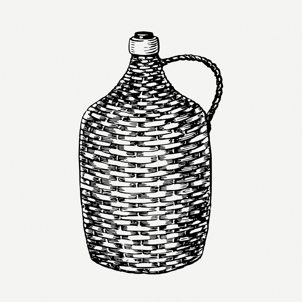 Wicker bottle drawing, vintage illustration psd. Free public domain CC0 image.