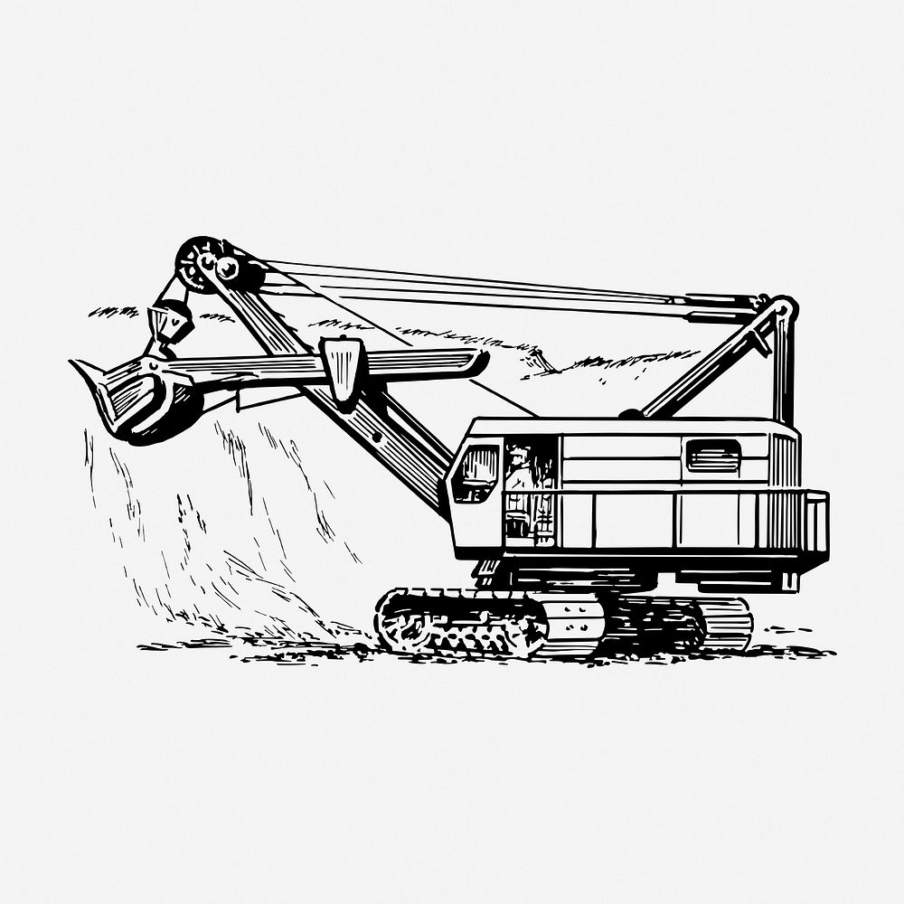 Excavator drawing, vintage construction machine illustration. Free public domain CC0 image.
