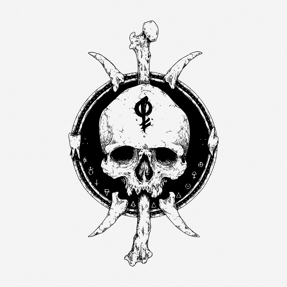 Devil worship skull drawing, vintage occult symbol illustration. Free public domain CC0 image.