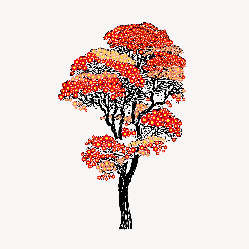 Japanese autumn tree color drawing. Free public domain CC0 image.