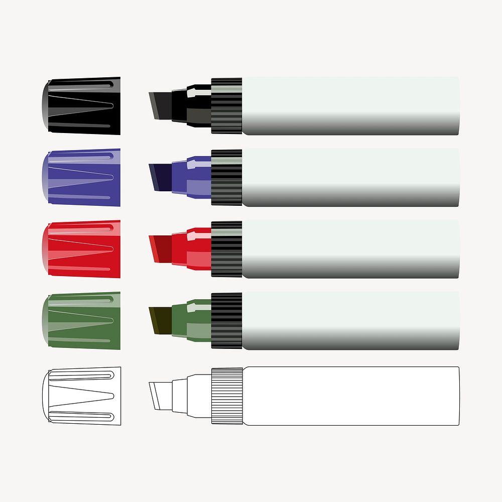 Colorful markers clip art color illustration. Free public domain CC0 image.