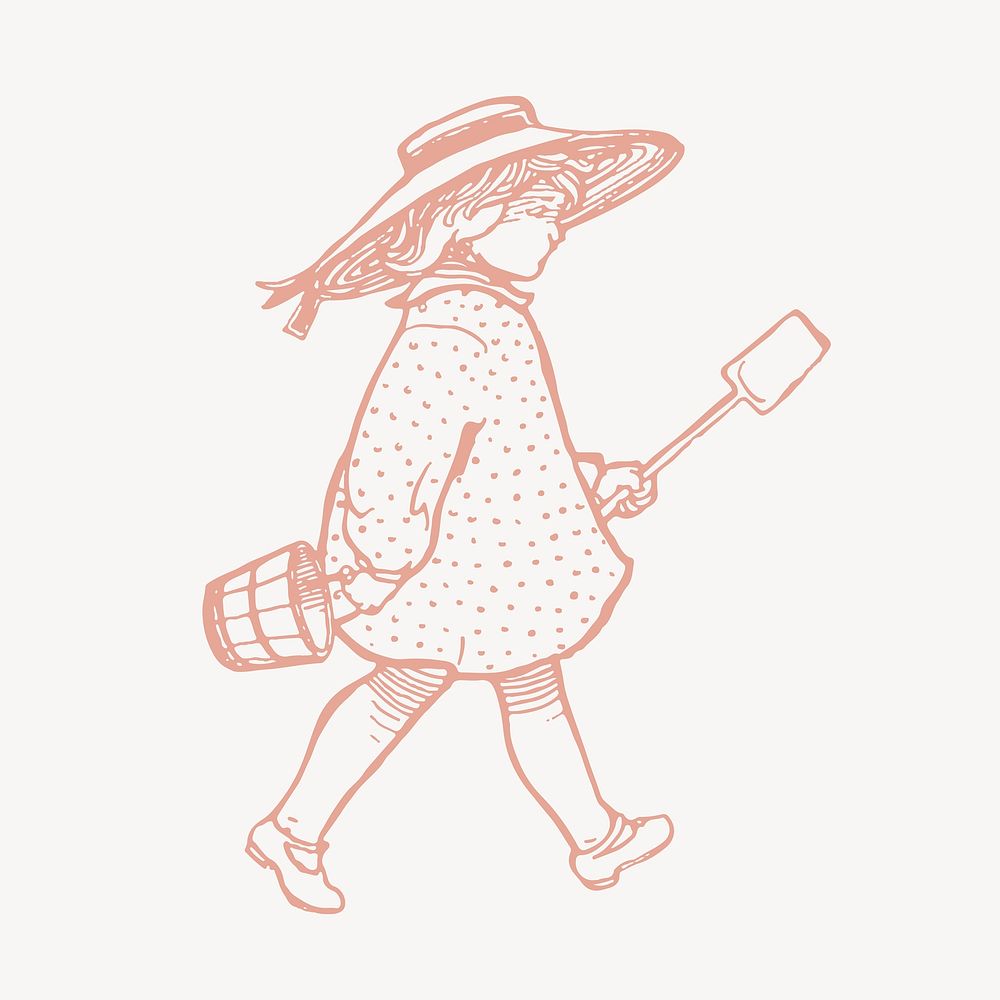 Girl holding shovel clipart, summer illustration psd
