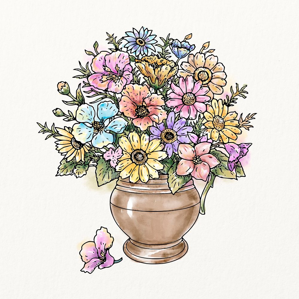 Flower vase watercolor, colorful illustration, vintage design