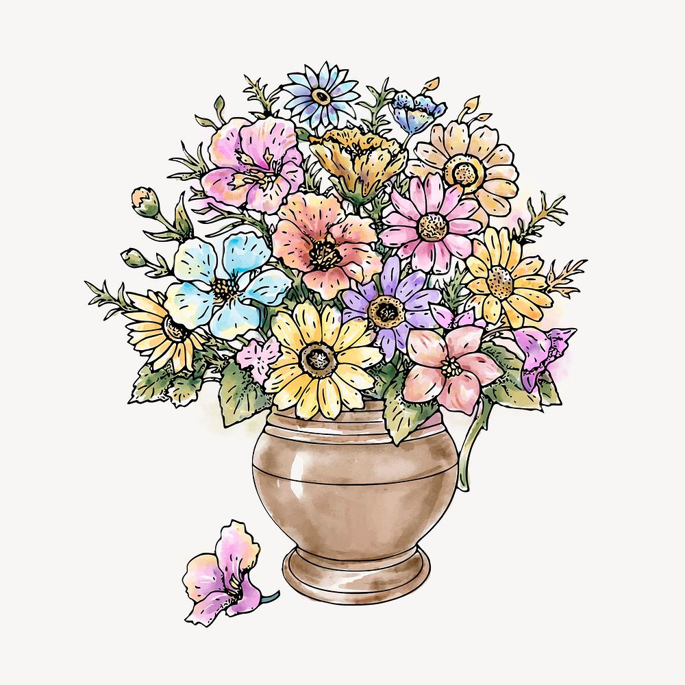 Flower vase watercolor sticker, colorful vintage illustration vector