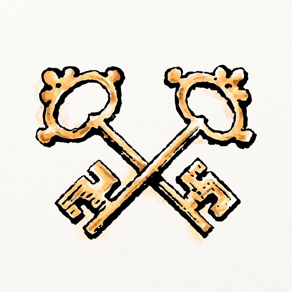 Crossed keys watercolor, object illustration, vintage design