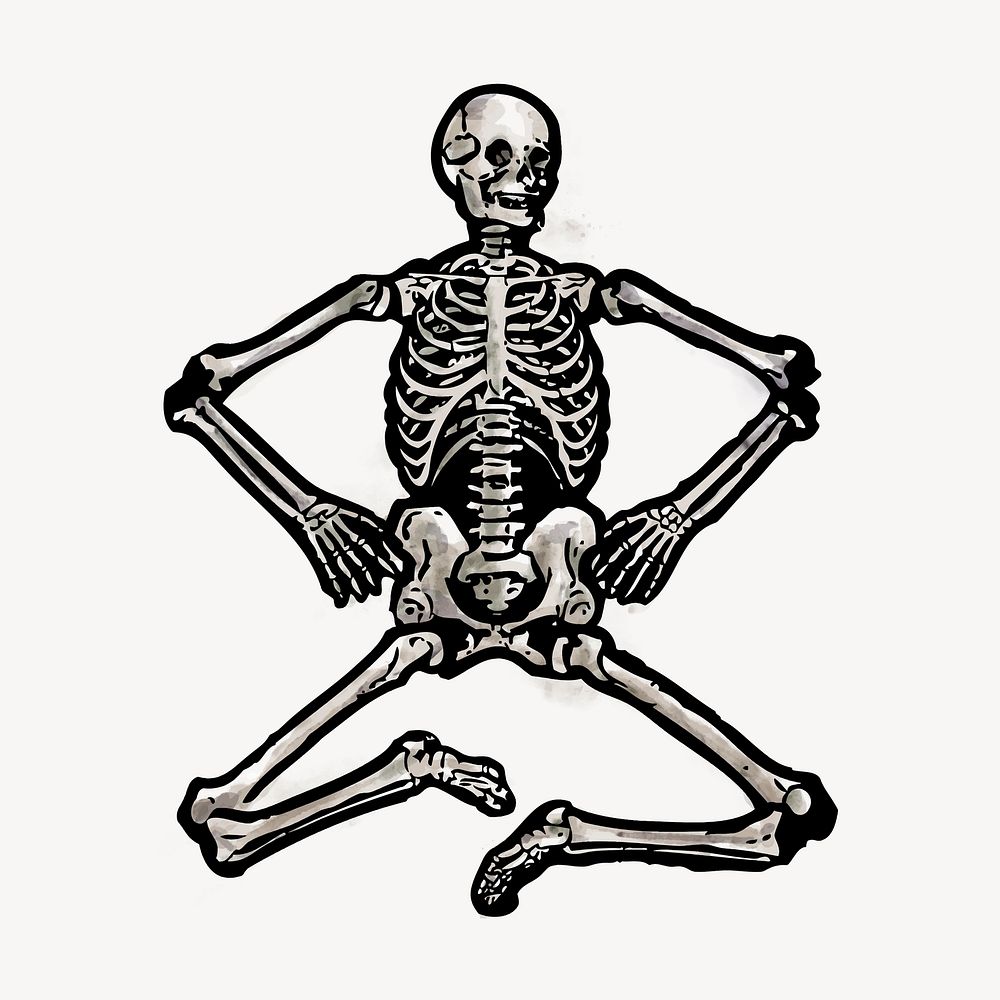 Human skeleton watercolor sticker, Halloween vintage illustration vector