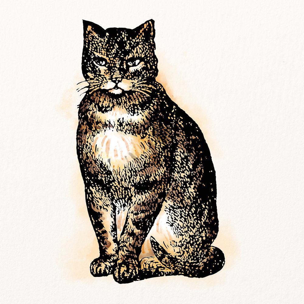 Sitting cat watercolor, animal illustration, vintage design