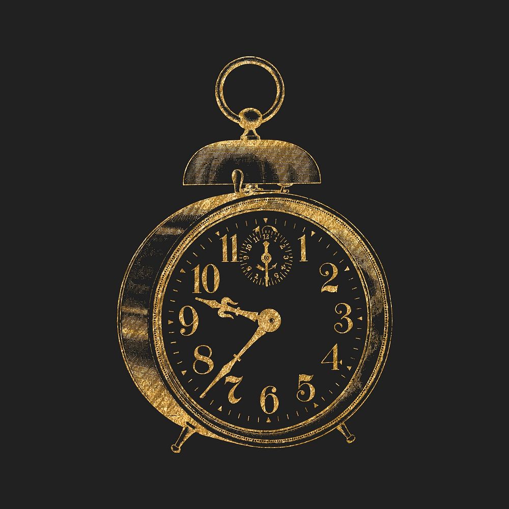 Alarm clock gold sticker, aesthetic object illustration vector
