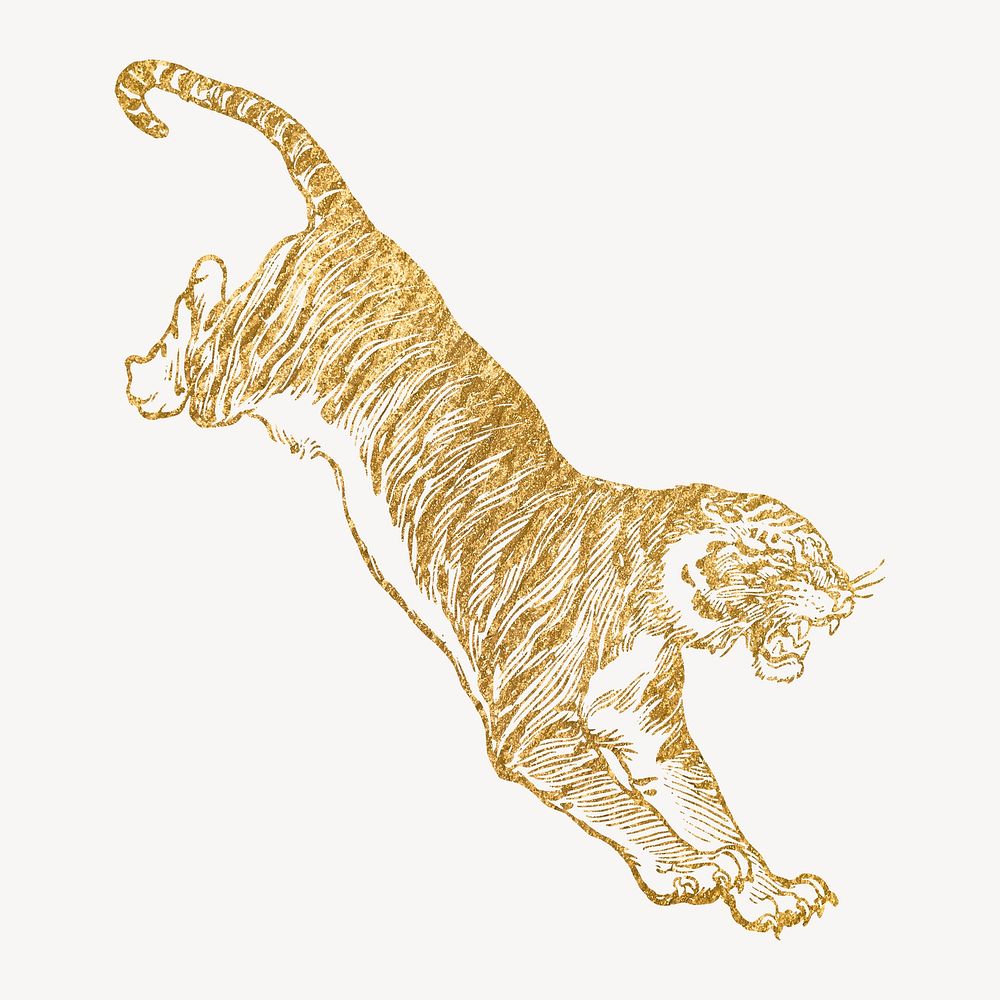 Jumping tiger gold sticker, aesthetic animal illustration vector