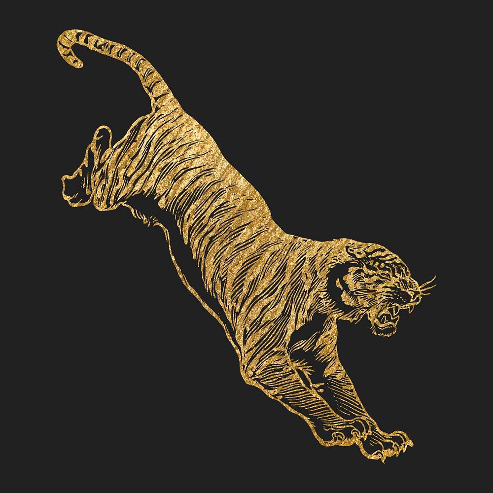 Jumping tiger gold sticker, aesthetic animal illustration vector