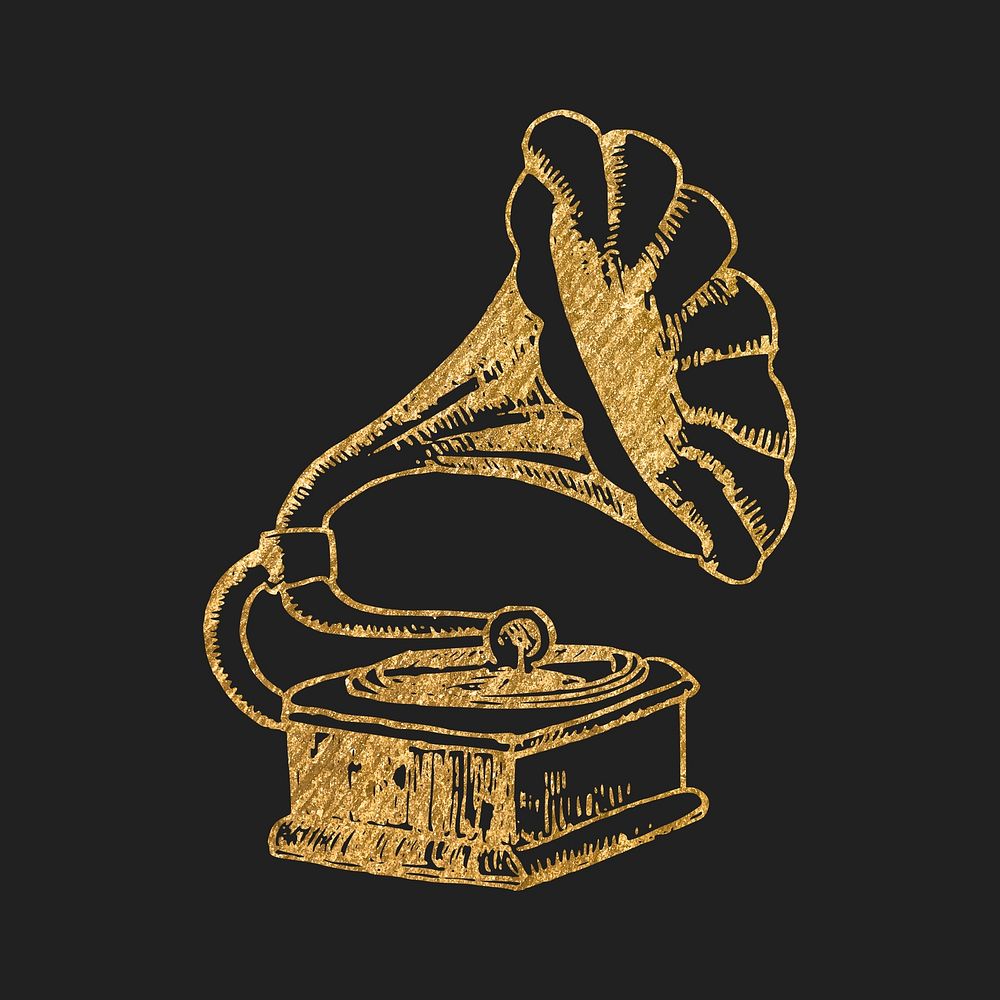 Golden gramophone clipart, music vintage illustration