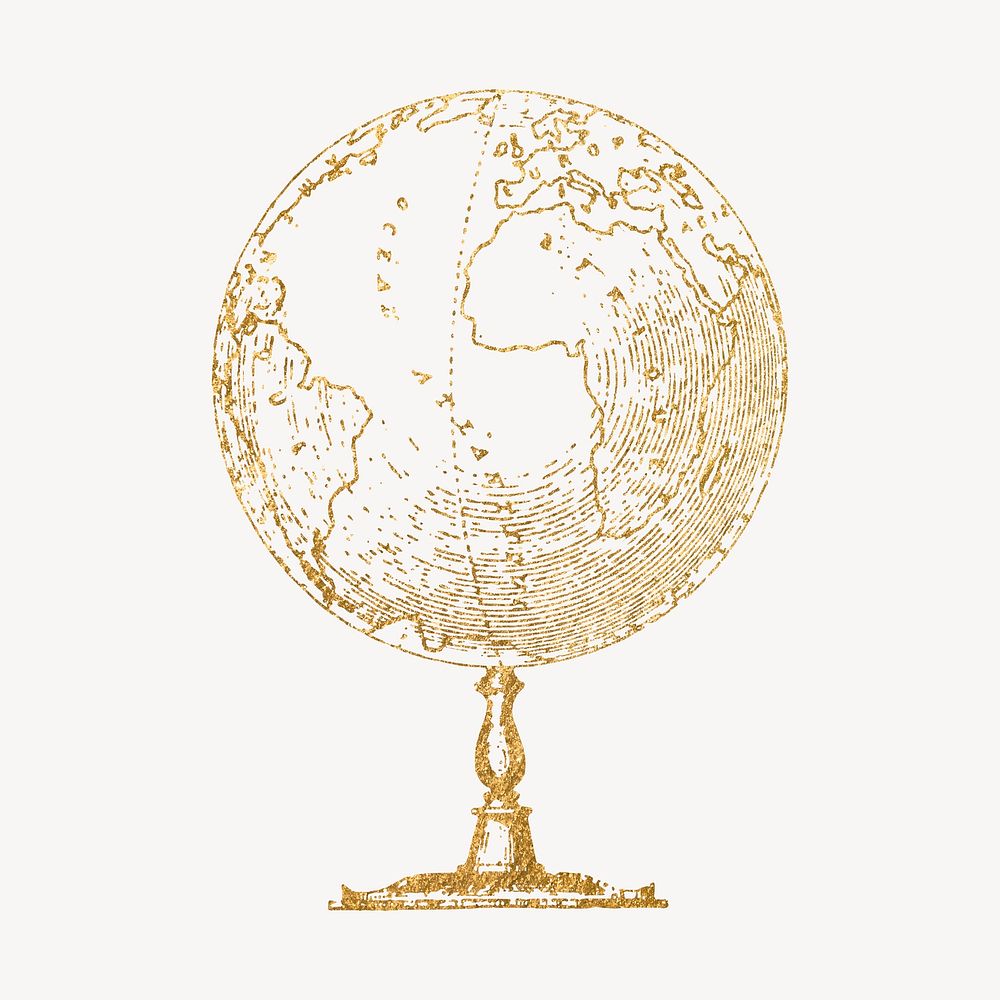 Globe clipart, gold aesthetic education illustration psd