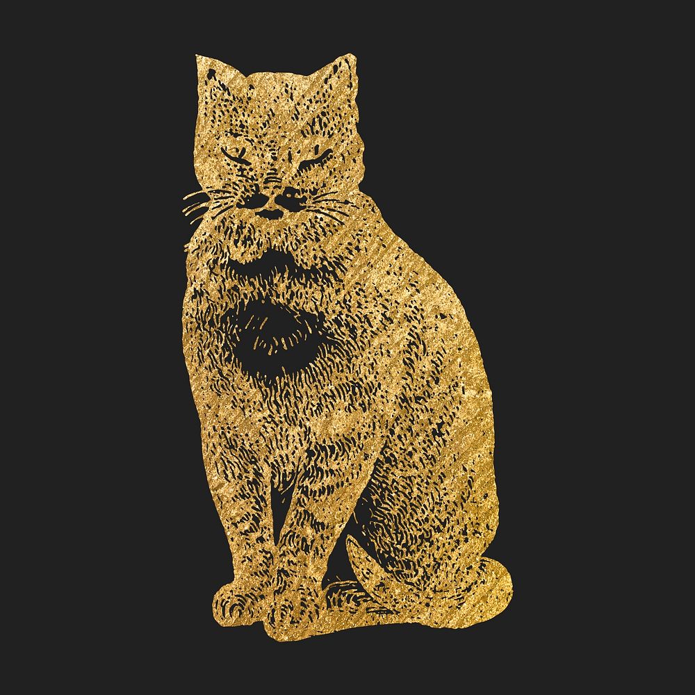Gold cat clipart, aesthetic animal illustration psd