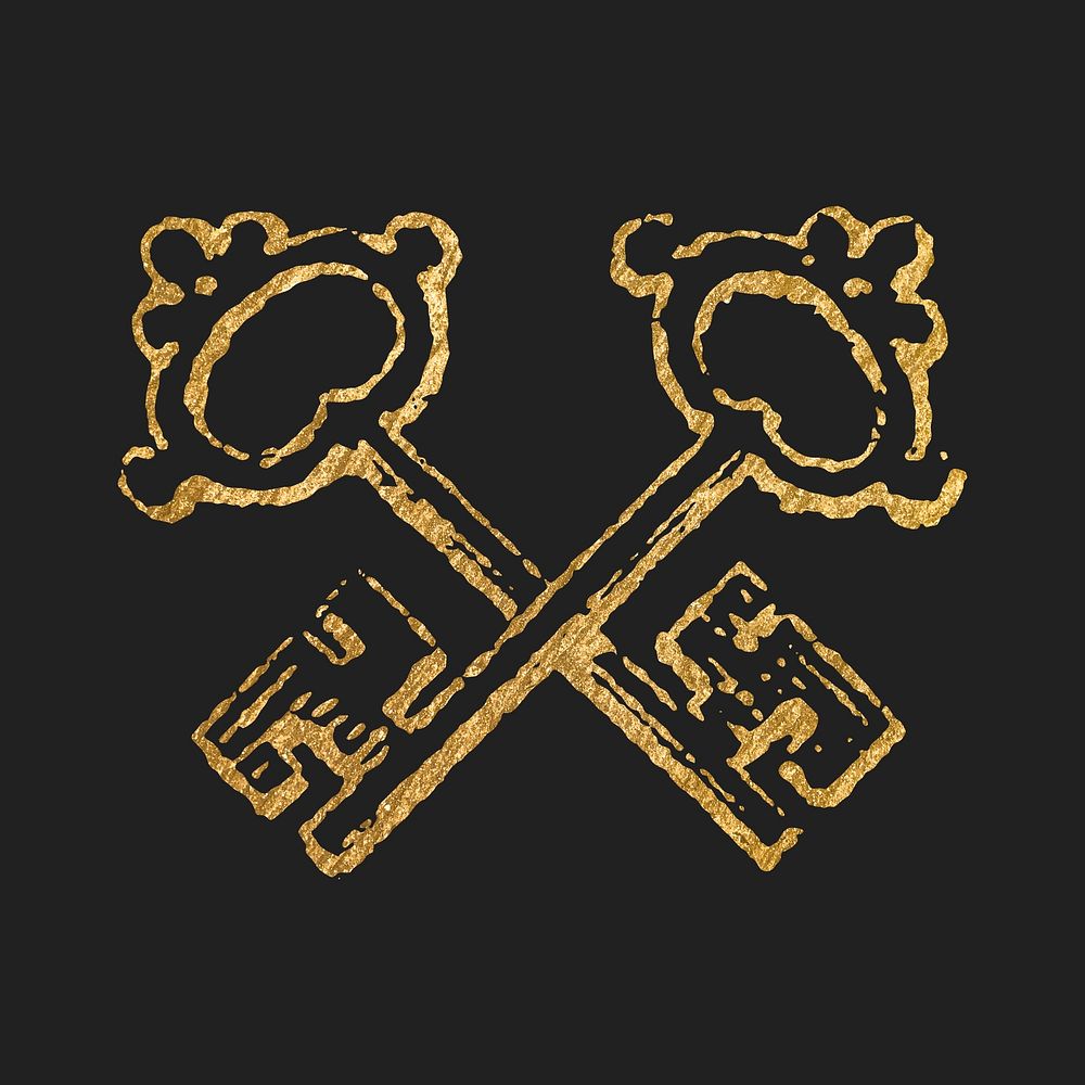 Crossed keys clipart, gold aesthetic illustration psd
