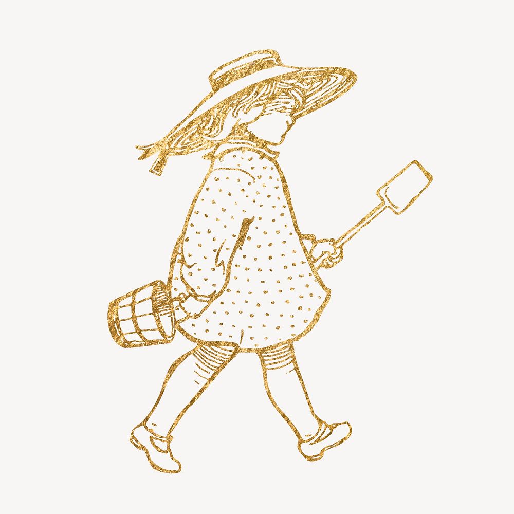 Girl holding shovel sticker, aesthetic gold illustration vector