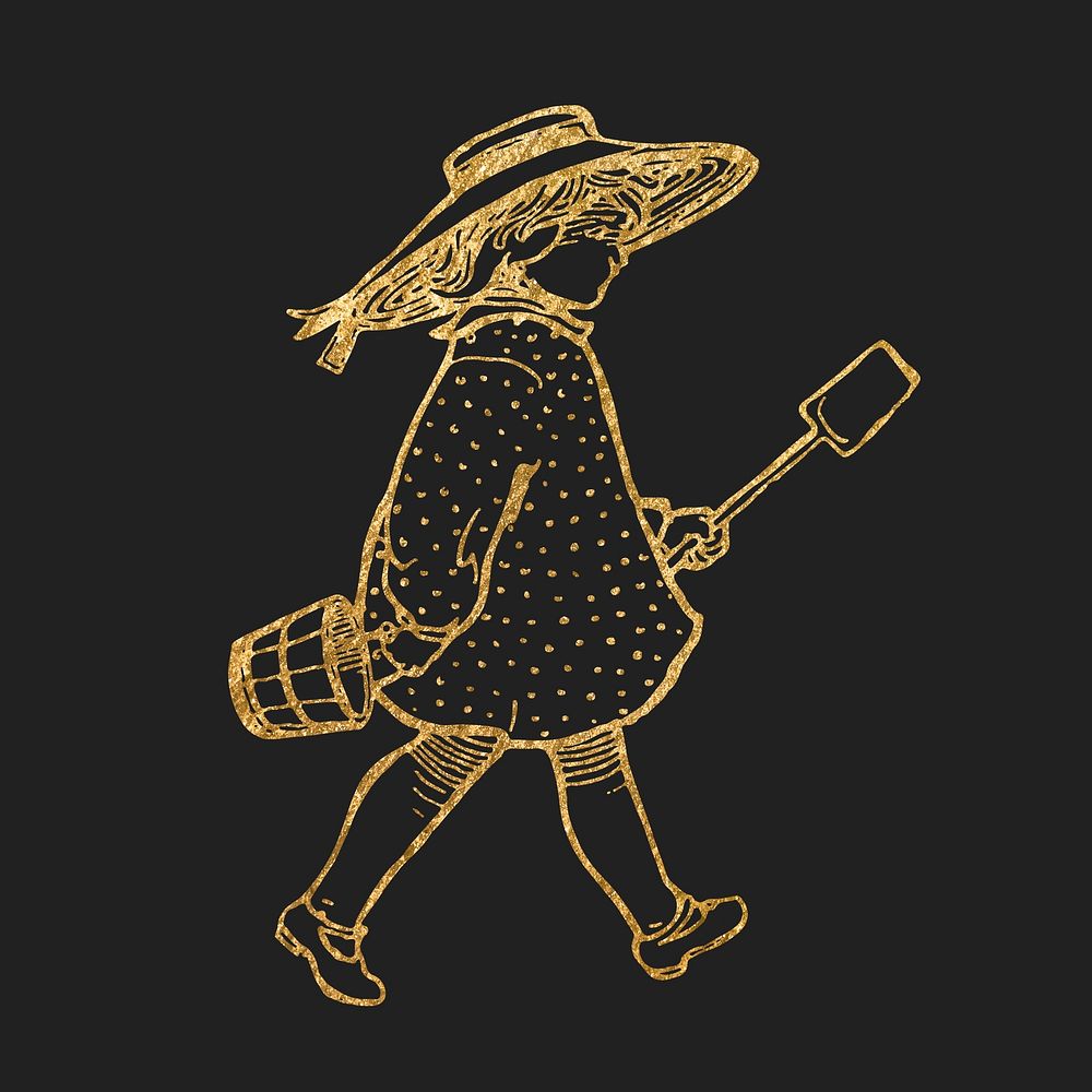 Girl holding shovel clipart, gold aesthetic illustration psd