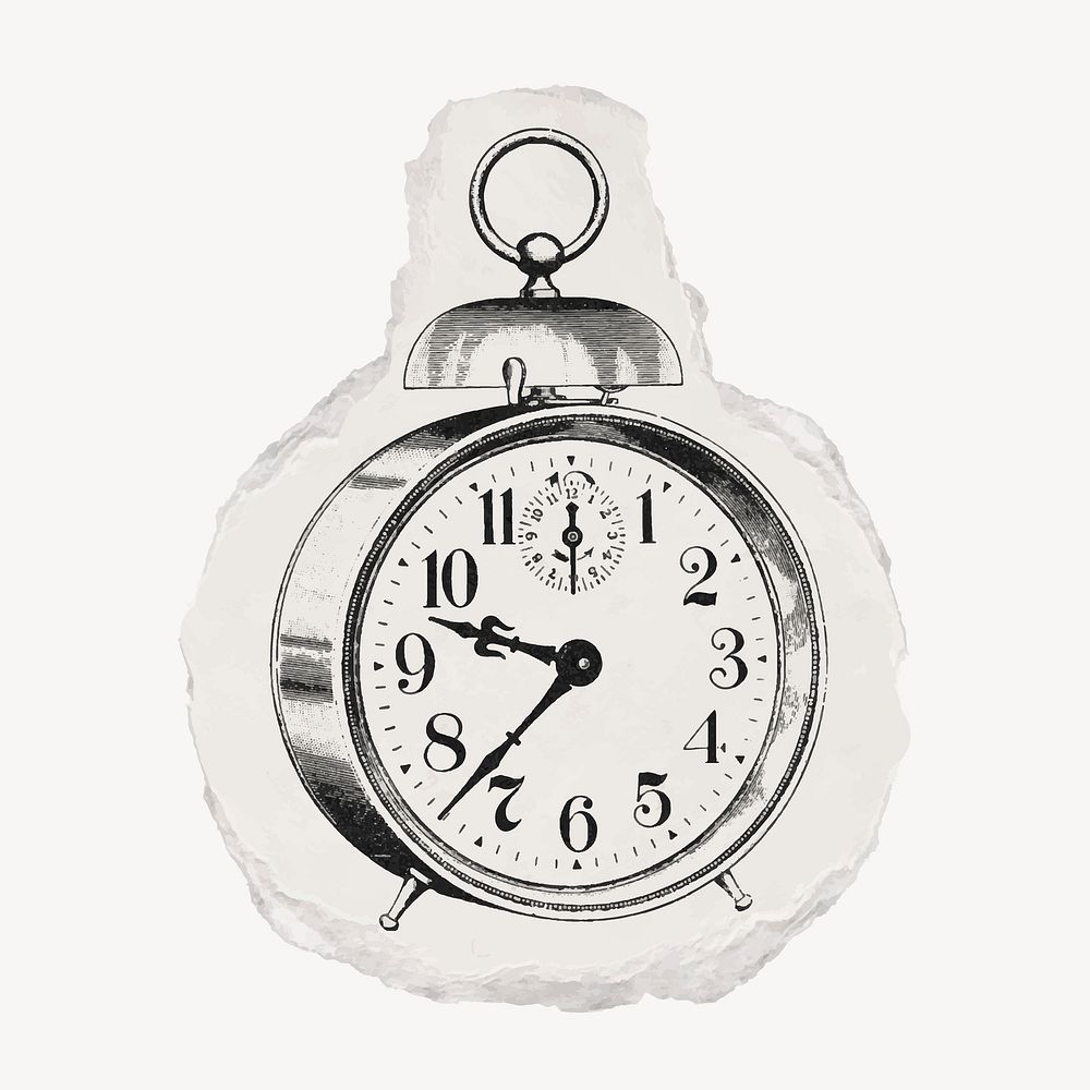 Alarm clock ripped paper clipart, vintage illustration vector
