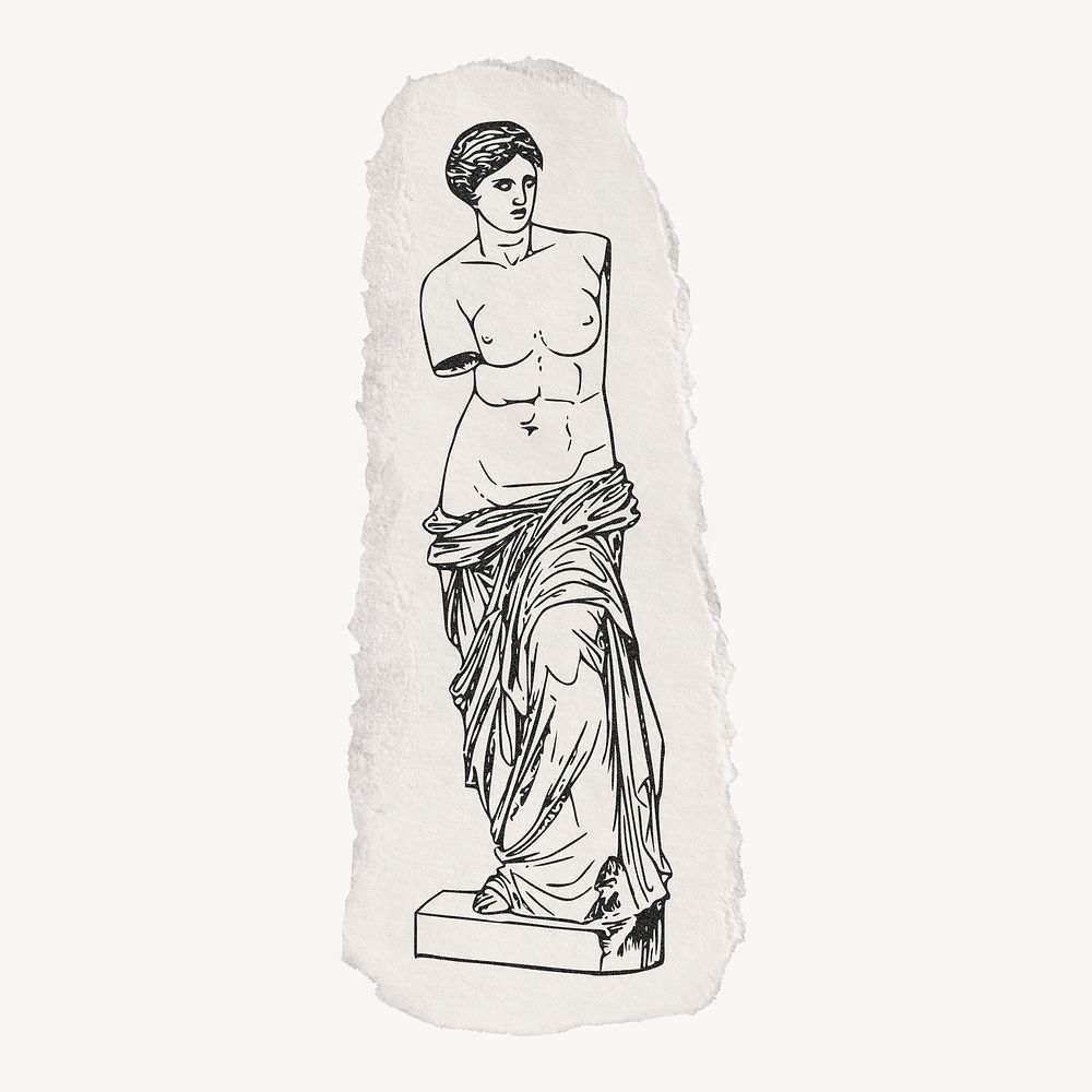Nude Greek goddess statue drawing, torn paper, vintage illustration