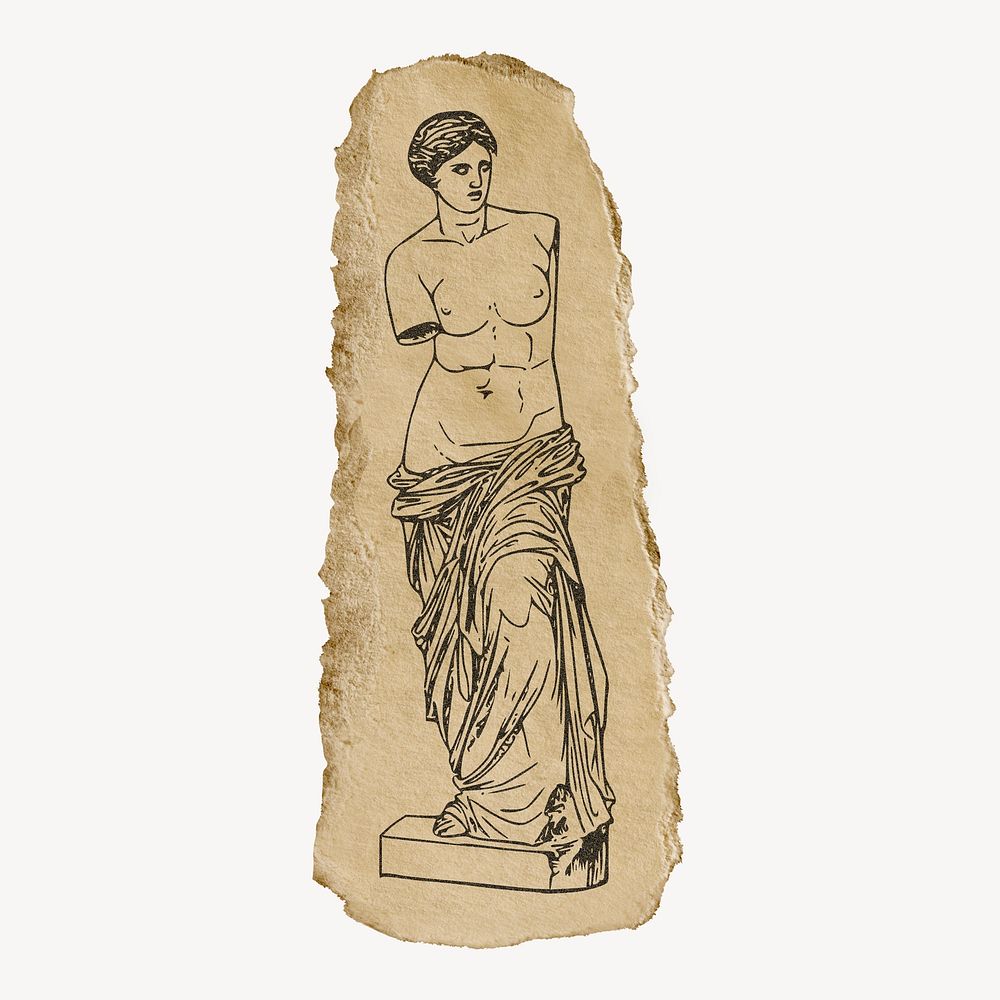 Nude Greek goddess statue drawing, ripped paper, vintage collage element psd