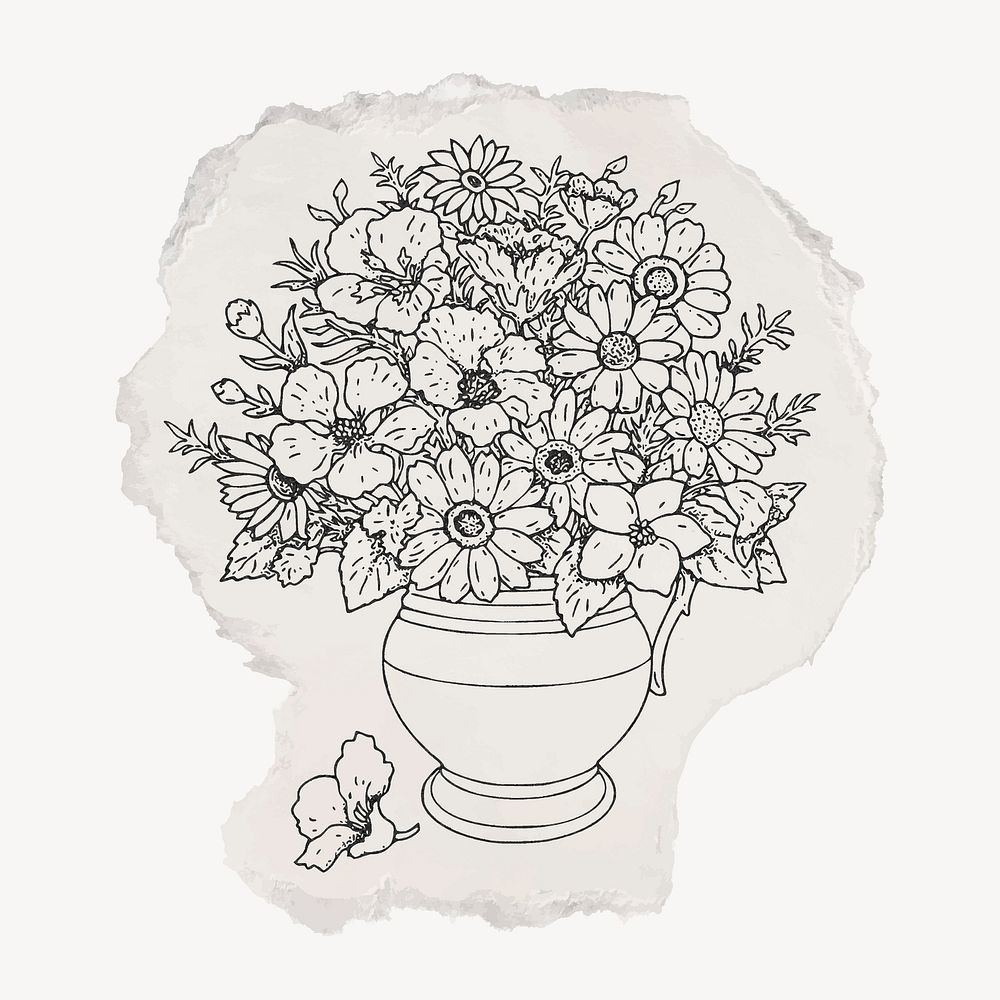 Flower vase ripped paper clipart, vintage illustration vector