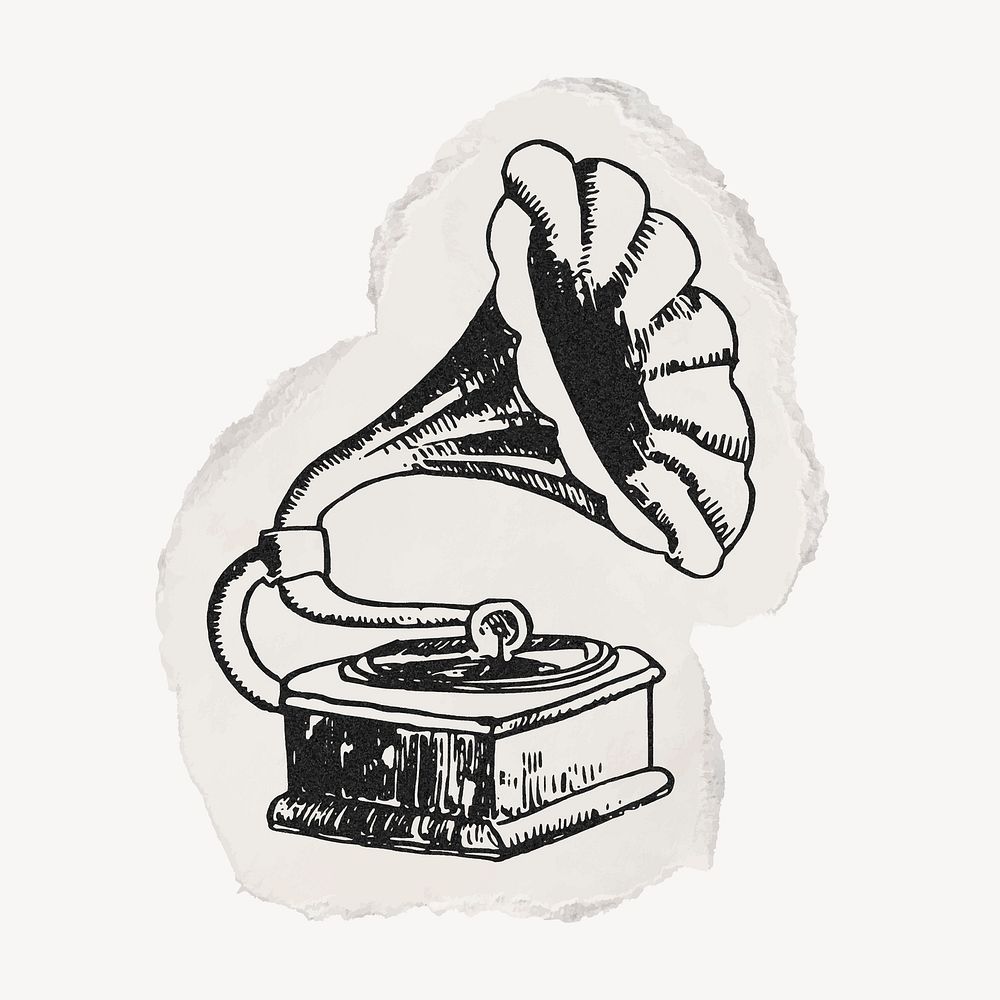 Gramophone ephemera, ripped paper clipart, vintage illustration vector