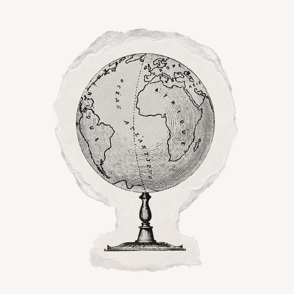 Globe drawing, ripped paper, education collage element psd