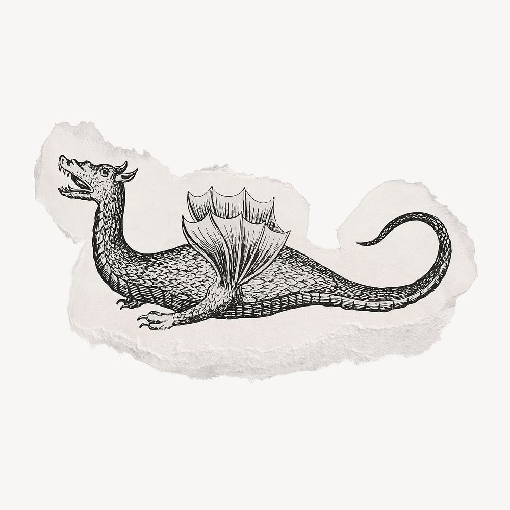Mythical dragon drawing, torn paper, vintage illustration