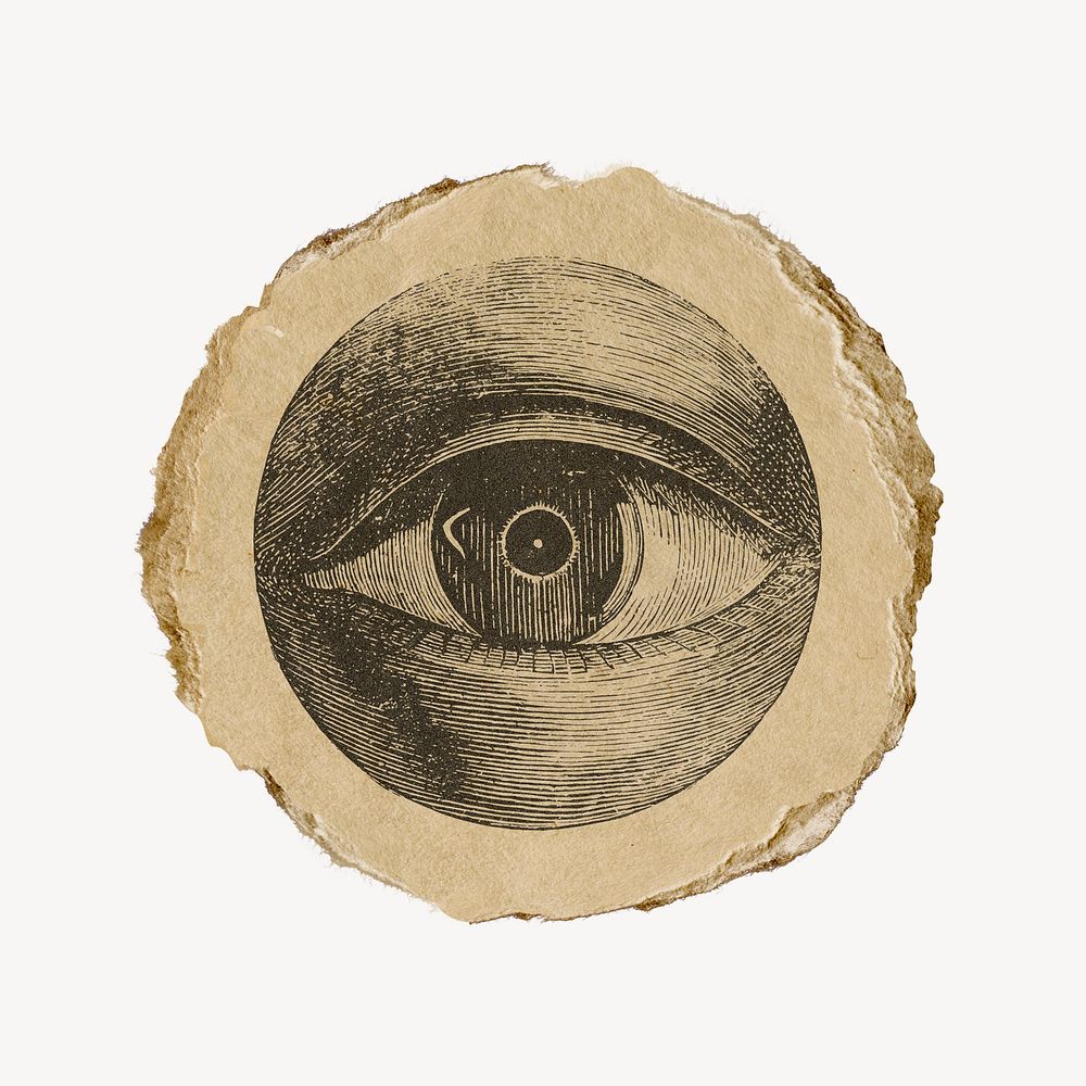 Eye etching drawing, ephemera torn paper, vintage illustration.