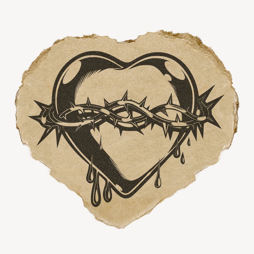 Sacred heart drawing, ephemera torn paper, vintage illustration