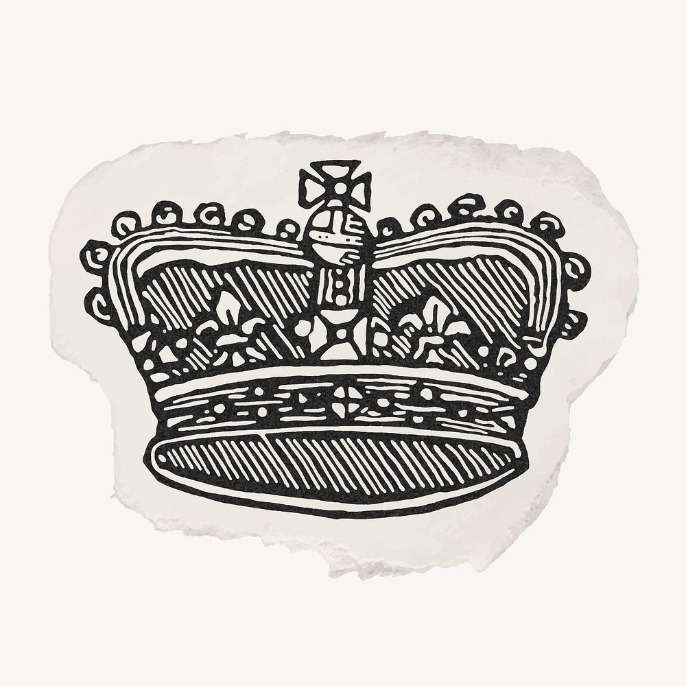 Royal crown ephemera ripped paper clipart, vintage illustration vector
