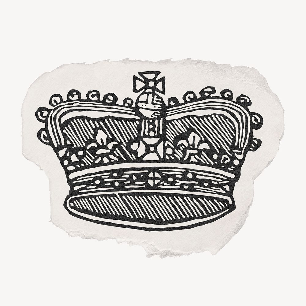 Royal crown drawing, ephemera torn paper, vintage illustration