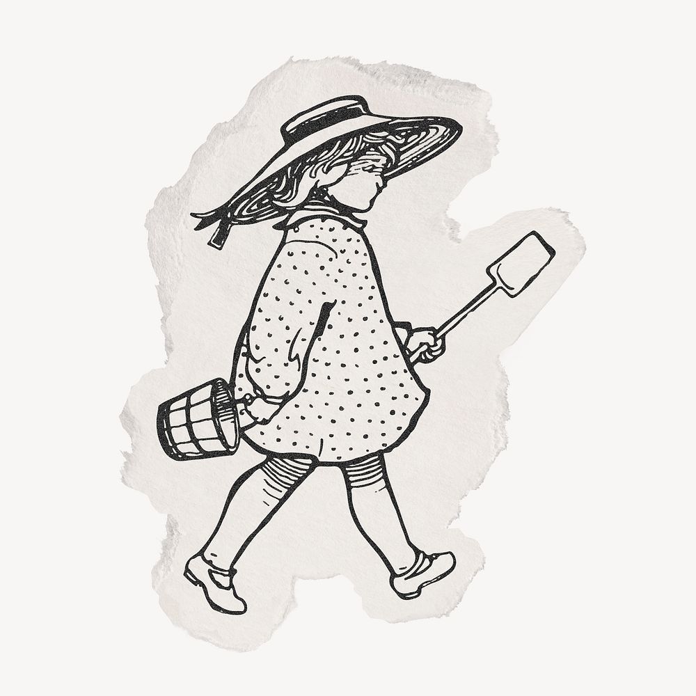 Girl holding shovel drawing, torn paper, vintage illustration