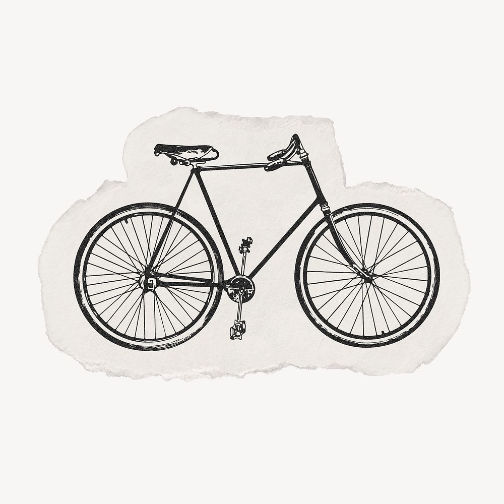 Bicycle drawing, ripped paper collage element psd