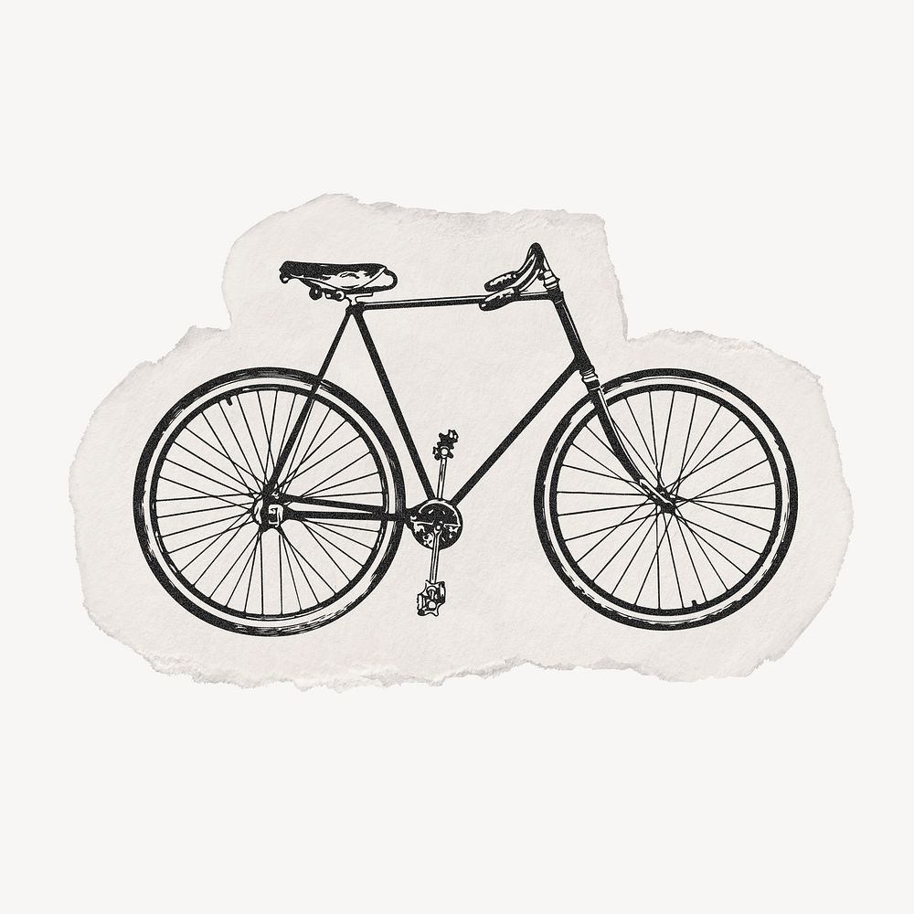 Bicycle drawing, torn paper, vintage illustration