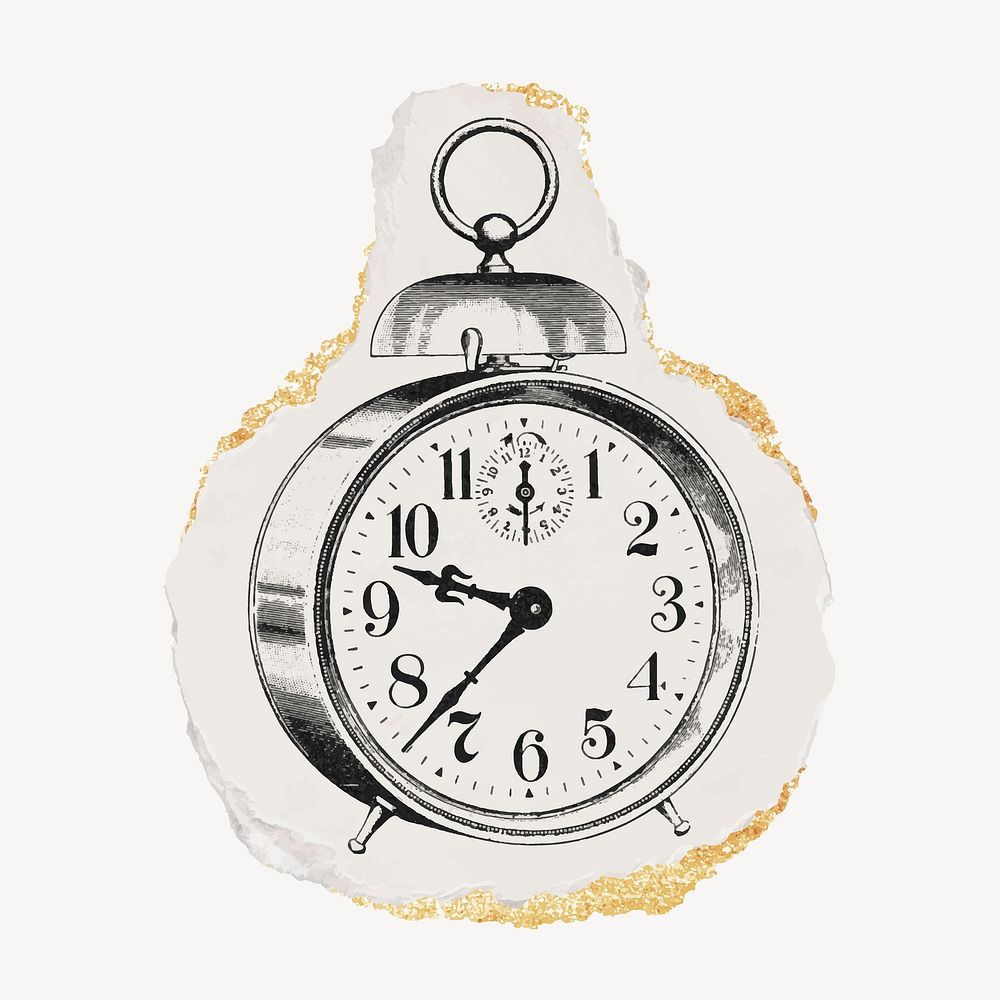 Alarm clock ripped paper clipart, gold glittery vintage illustration vector