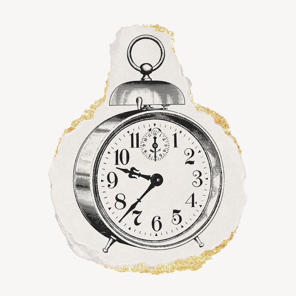 Alarm clock drawing, ripped paper, gold shimmer collage element psd