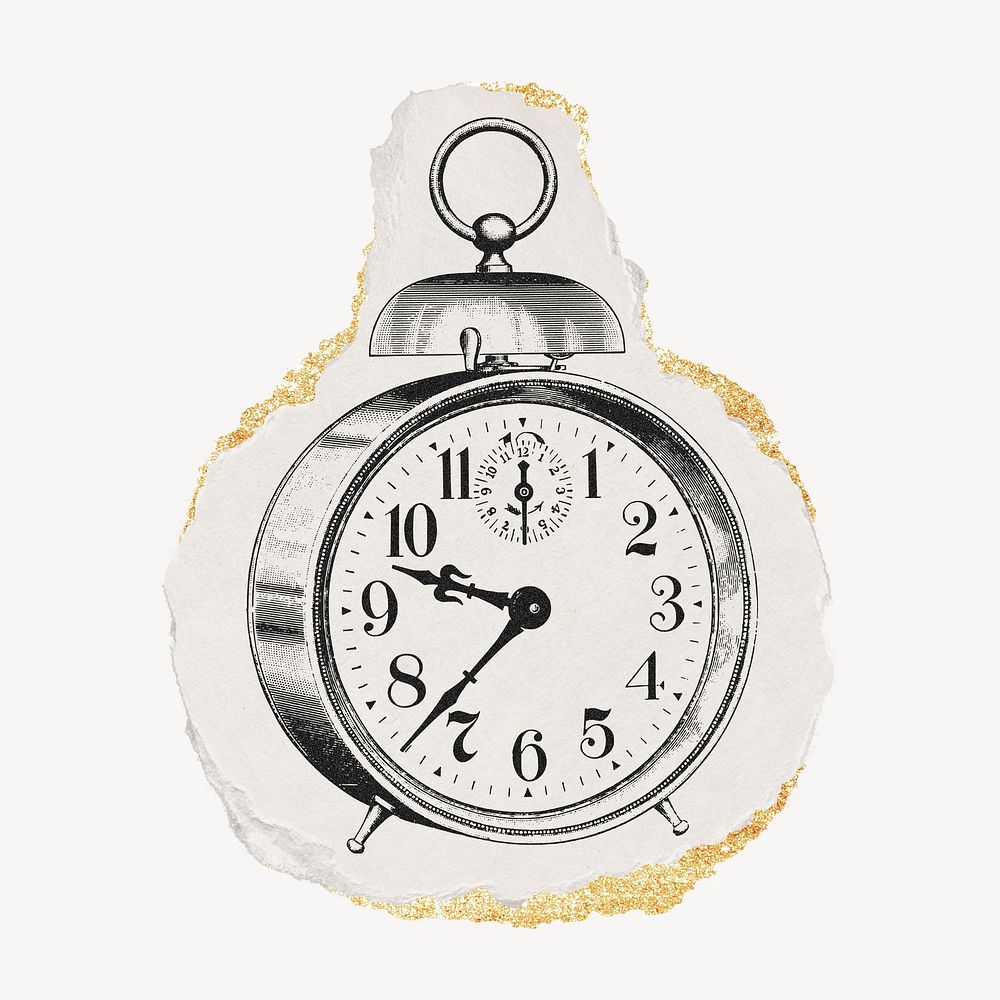 Alarm clock ephemera drawing, torn paper, gold shimmer, vintage illustration