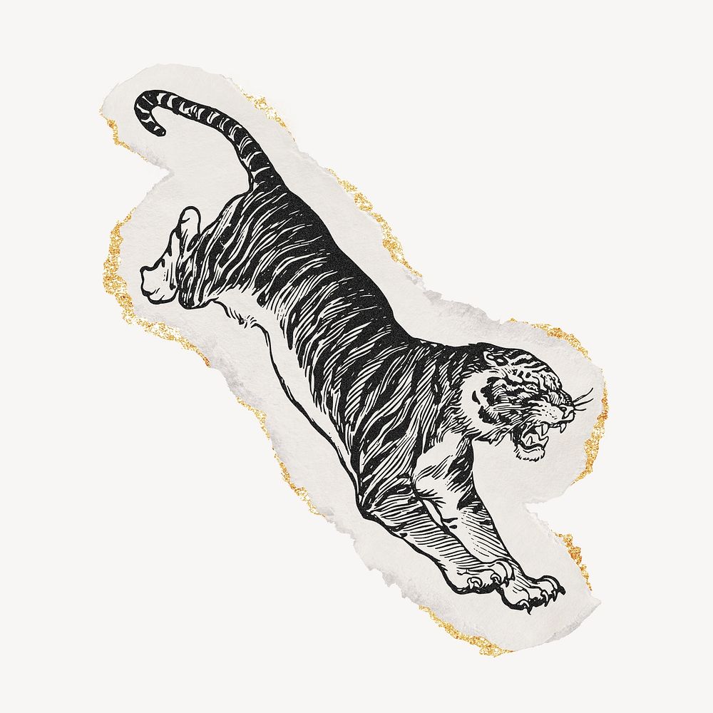 Jumping tiger drawing, ephemera ripped paper, gold shimmer collage element psd