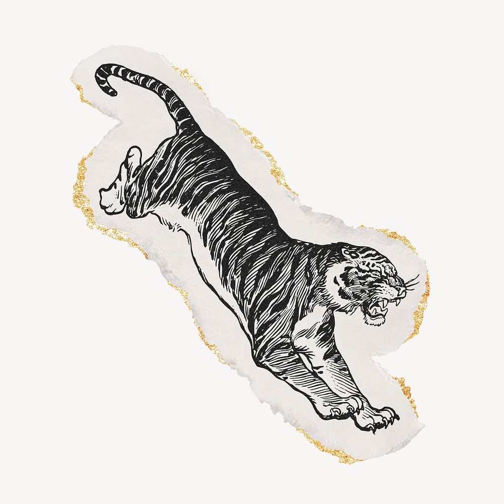 Jumping tiger ephemera drawing, torn paper, gold shimmer, vintage illustration