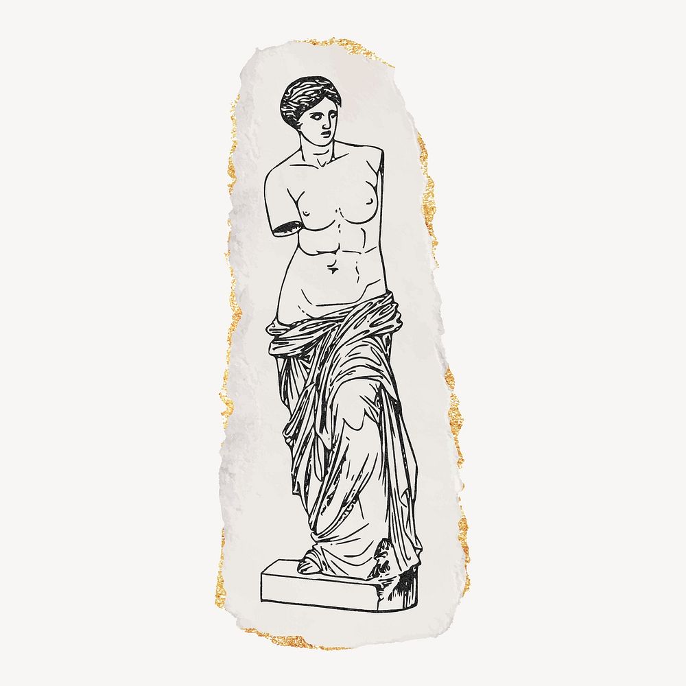 Nude Greek goddess statue ripped paper clipart, gold glittery vintage illustration vector