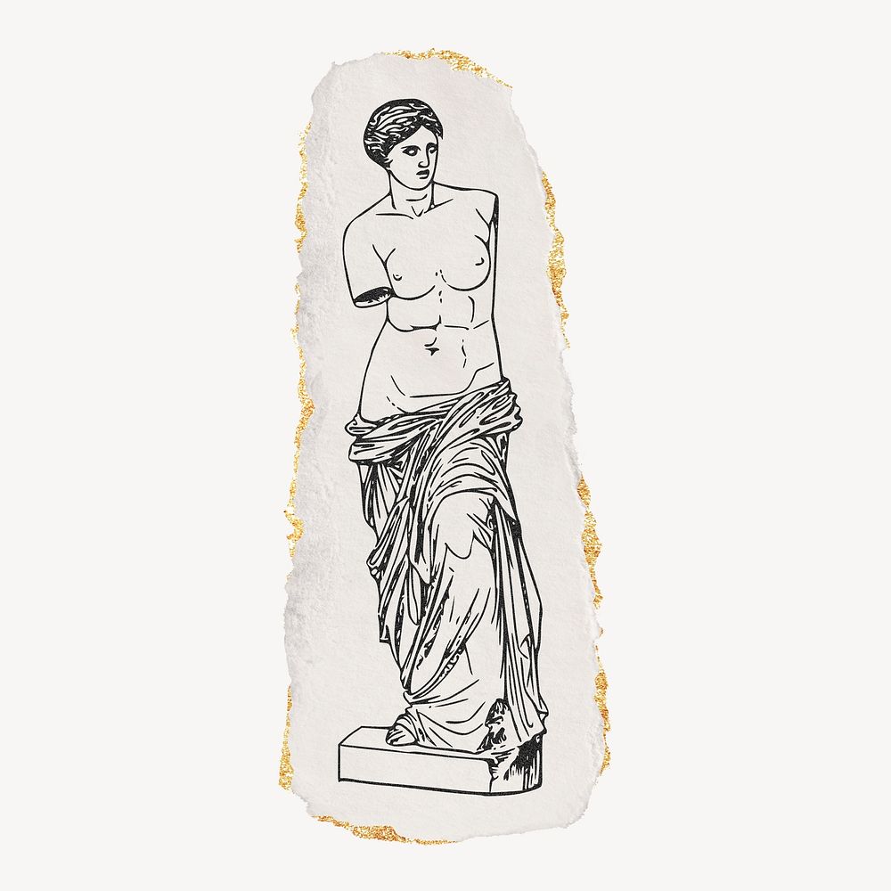 Nude Greek goddess statue drawing, torn paper, gold shimmer, vintage illustration