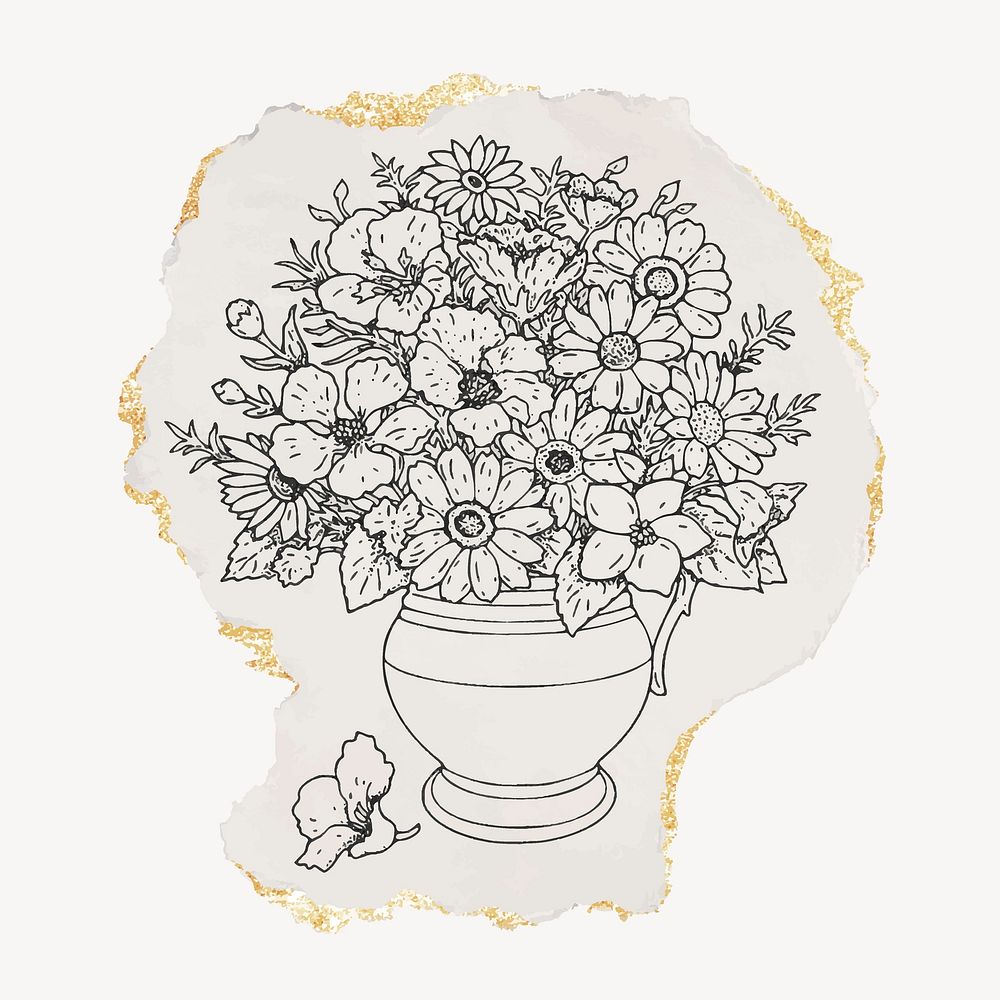 Flower vase ripped paper clipart, gold glittery vintage illustration vector