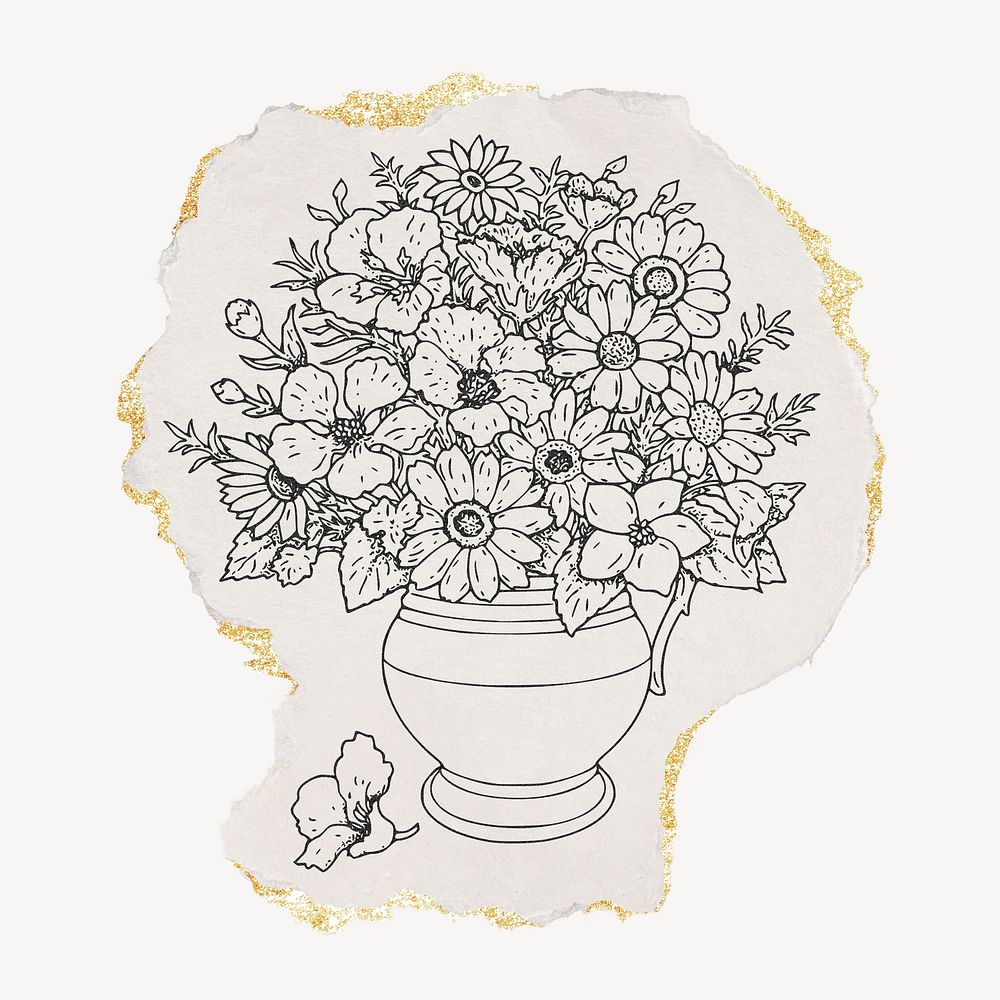 Flower vase drawing, torn paper, gold shimmer, vintage illustration
