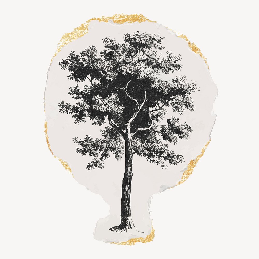 Vintage tree ripped paper clipart, gold glittery nature illustration vector